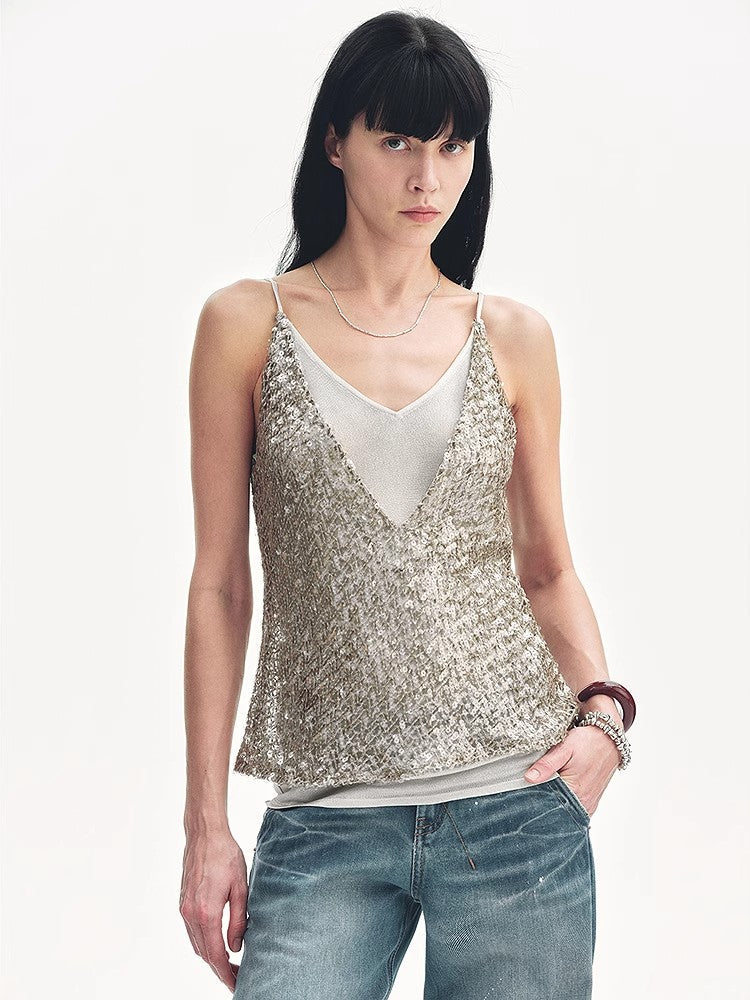 "Dream Catcher" Sequined Net Pattern Fake Two-Piece Deep V Waist Suspender Summer