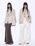 Silver Stripe Trumpet-Sleeve Linen Cropped Shirt | Salize