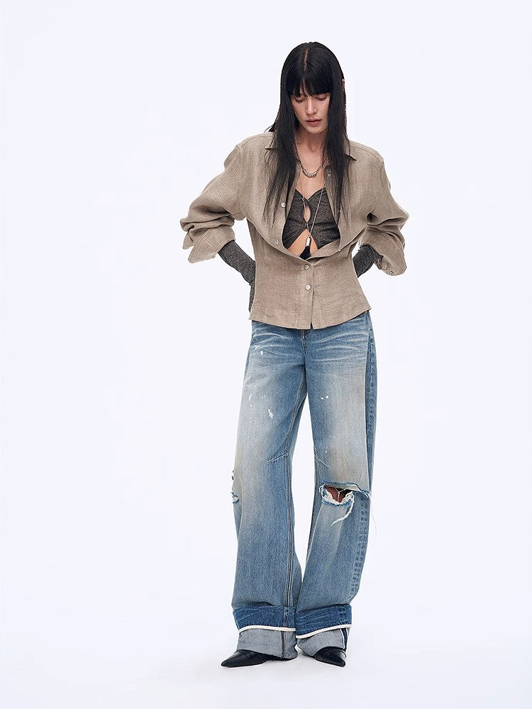"Berlin Afternoon Tea" Refreshing breathable twill linen deconstructed silhouette old money style waist shirt top