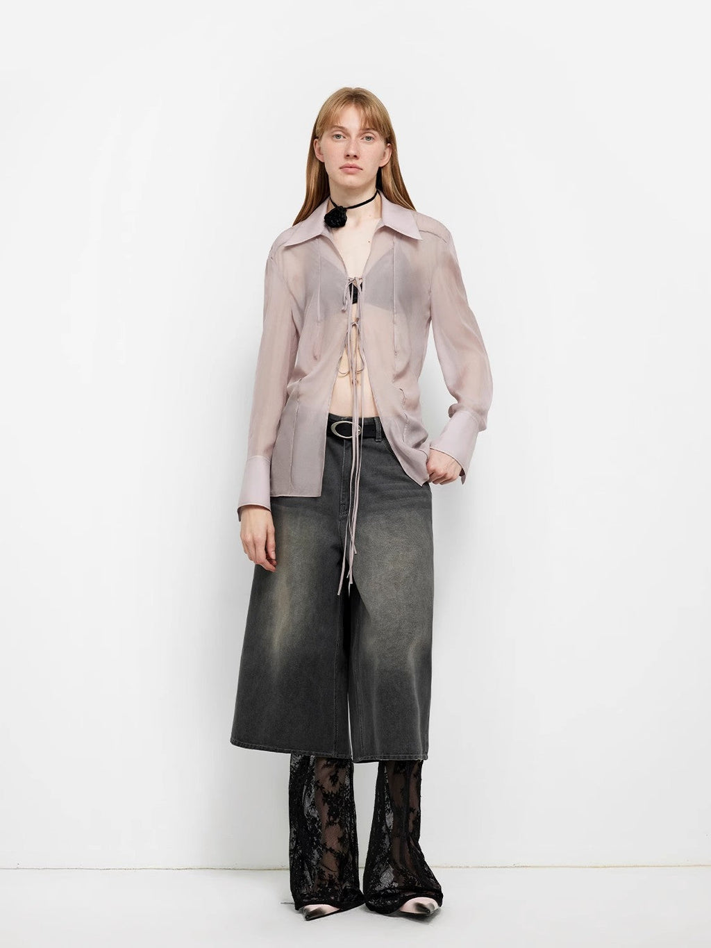 "Hazy Moonlight" Silk Chiffon Light and Hazy Feeling Cool Drape Lace-up Sun Protection Shirt Summer