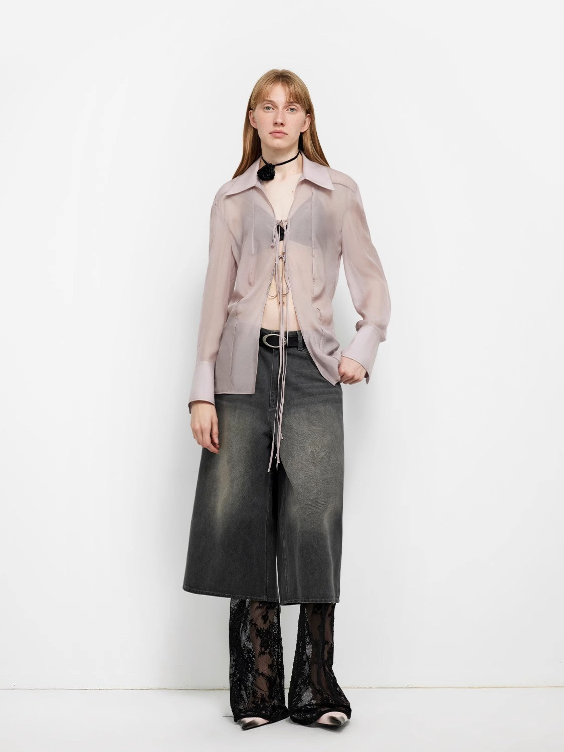 "Hazy Moonlight" Silk Chiffon Light and Hazy Feeling Cool Drape Lace-up Sun Protection Shirt Summer