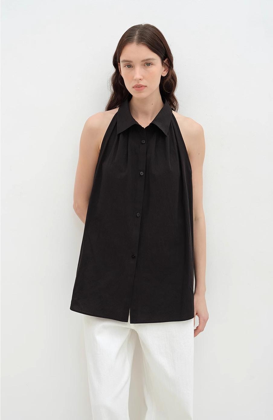 "Poland Island" imported pure cotton stand-up collar sleeveless striped shirt temperament top for women