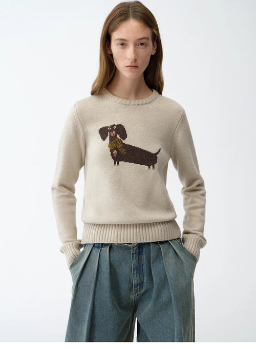 "Brani" Superfine Merino Wool Cotton Blend Animal Jacquard Round Neck Sweater for Women-1