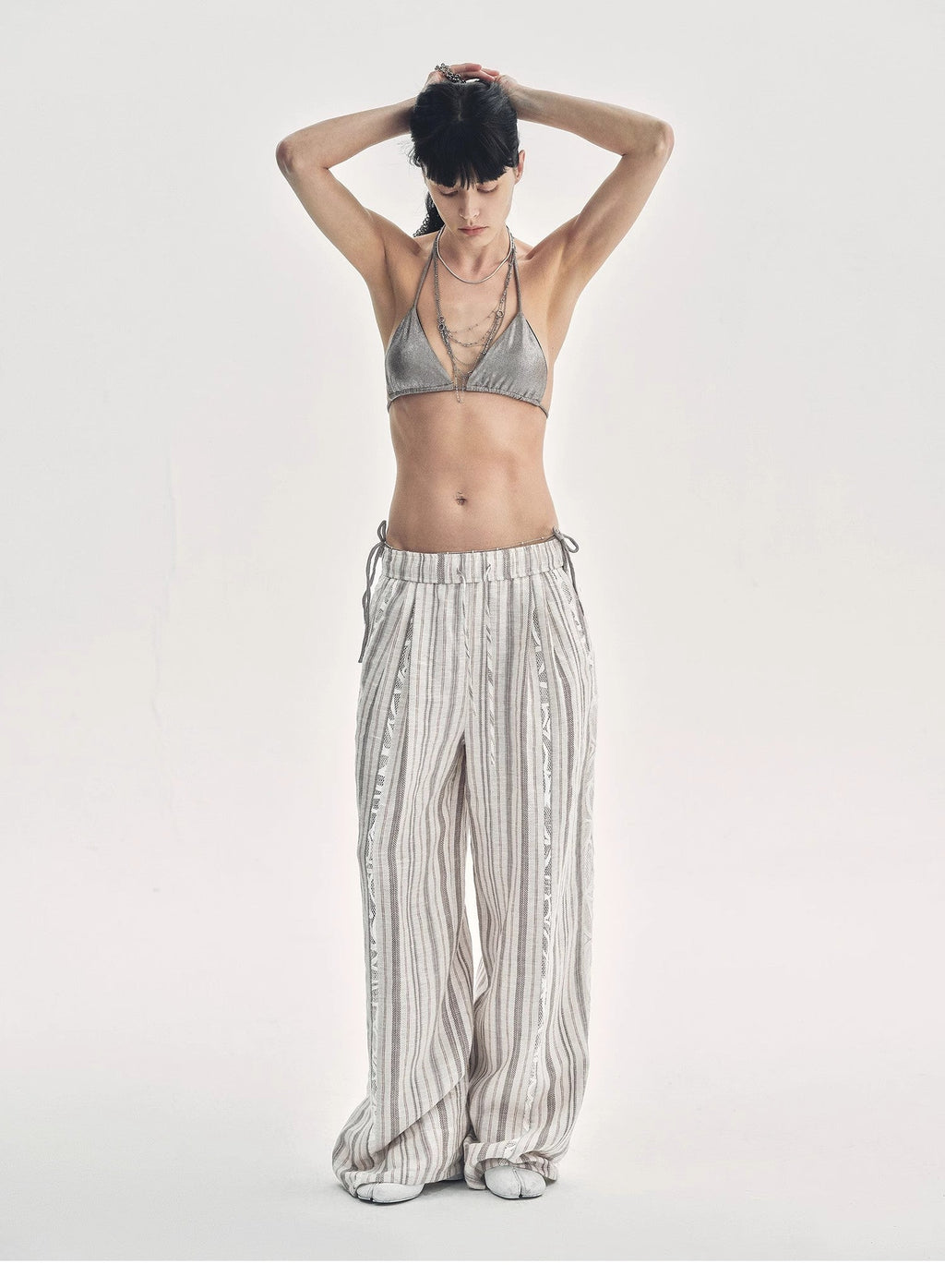 "Fashion Tension" Linen Vertical Stripe Drape Wide Leg Casual Pants-4