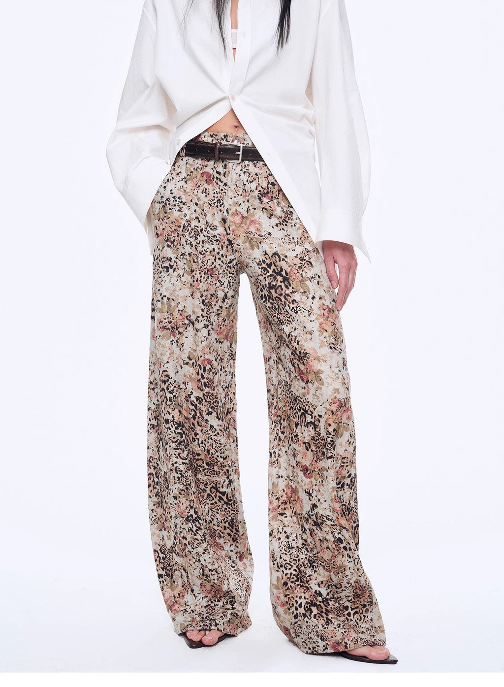 "Slow Paris" Vintage Print Linen Blend Cut Scimitar Wide Leg Casual Pants-1