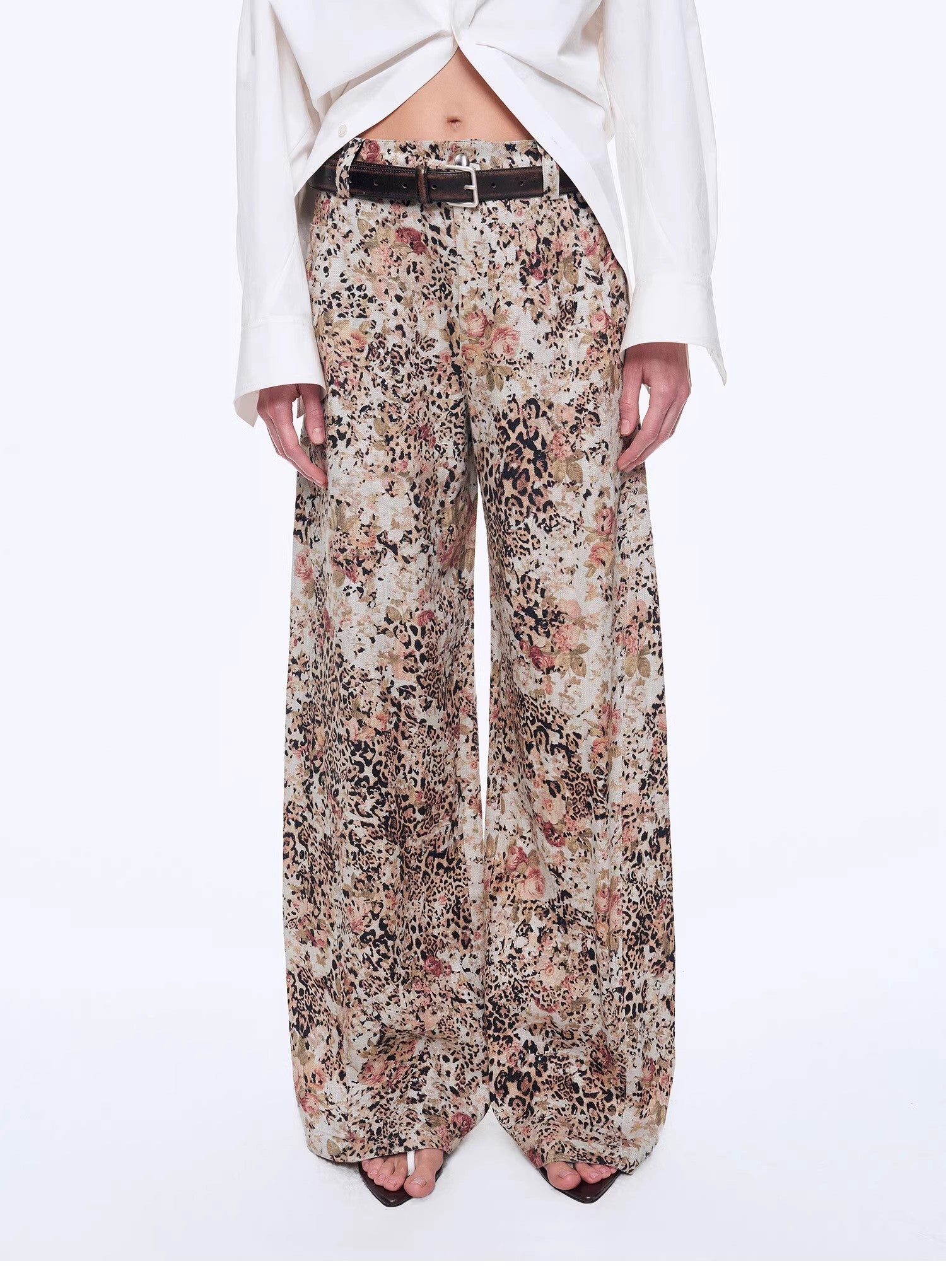 "Slow Paris" Vintage Print Linen Blend Cut Scimitar Wide Leg Casual Pants-4