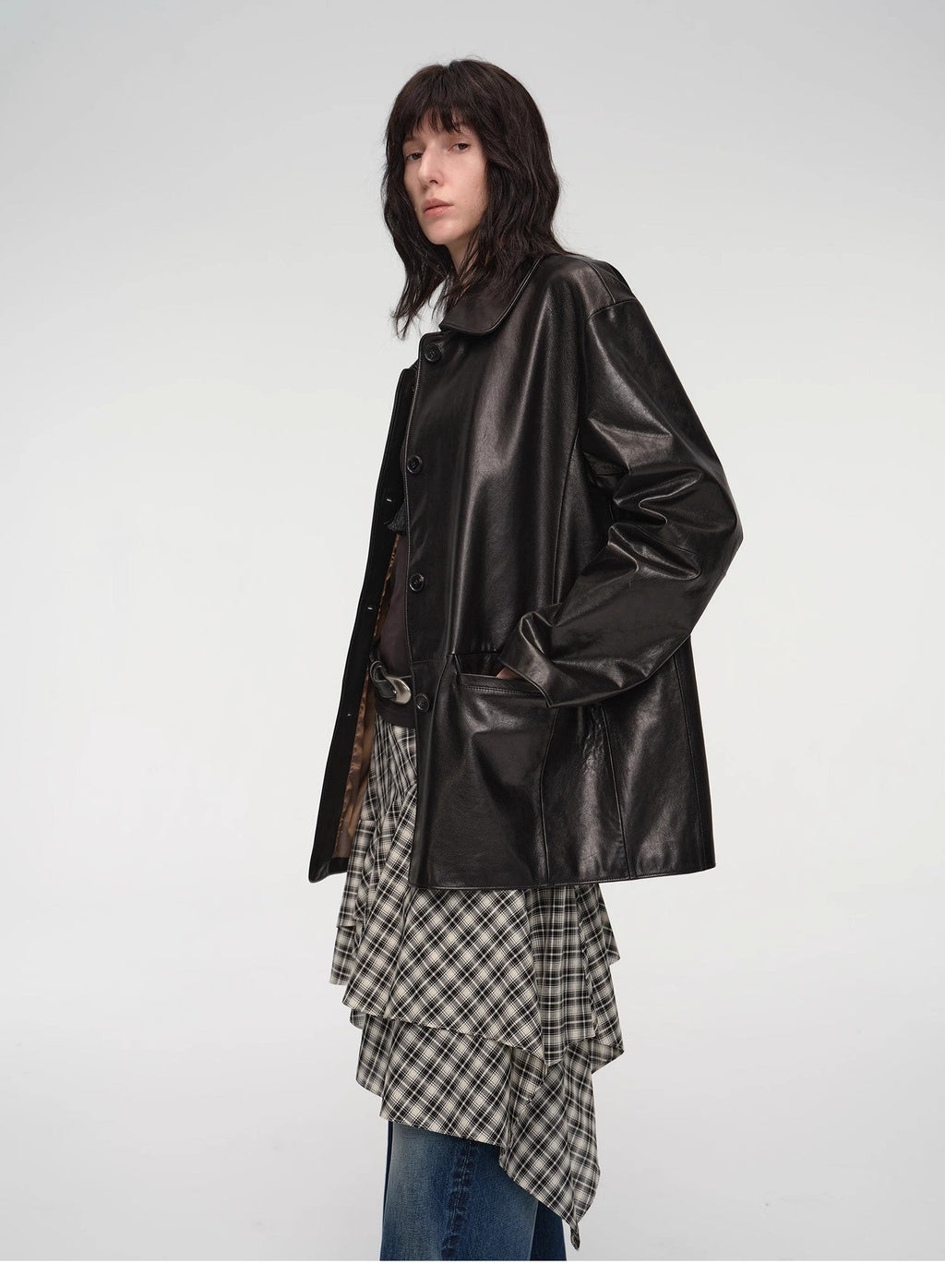 "Fashionable Kuoxi" goatskin simple and versatile retro suit-style leather windbreaker jacket-4