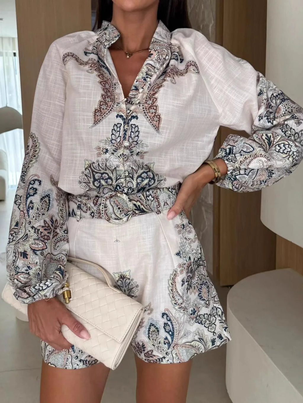 Printed Long Sleeve Shirt and Shorts Set-2
