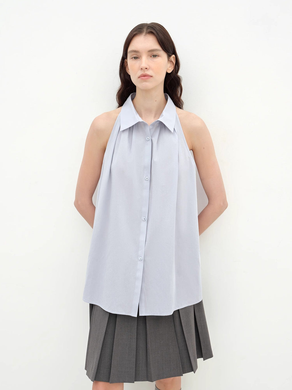 "Poland Island" imported pure cotton stand-up collar sleeveless striped shirt temperament top for women