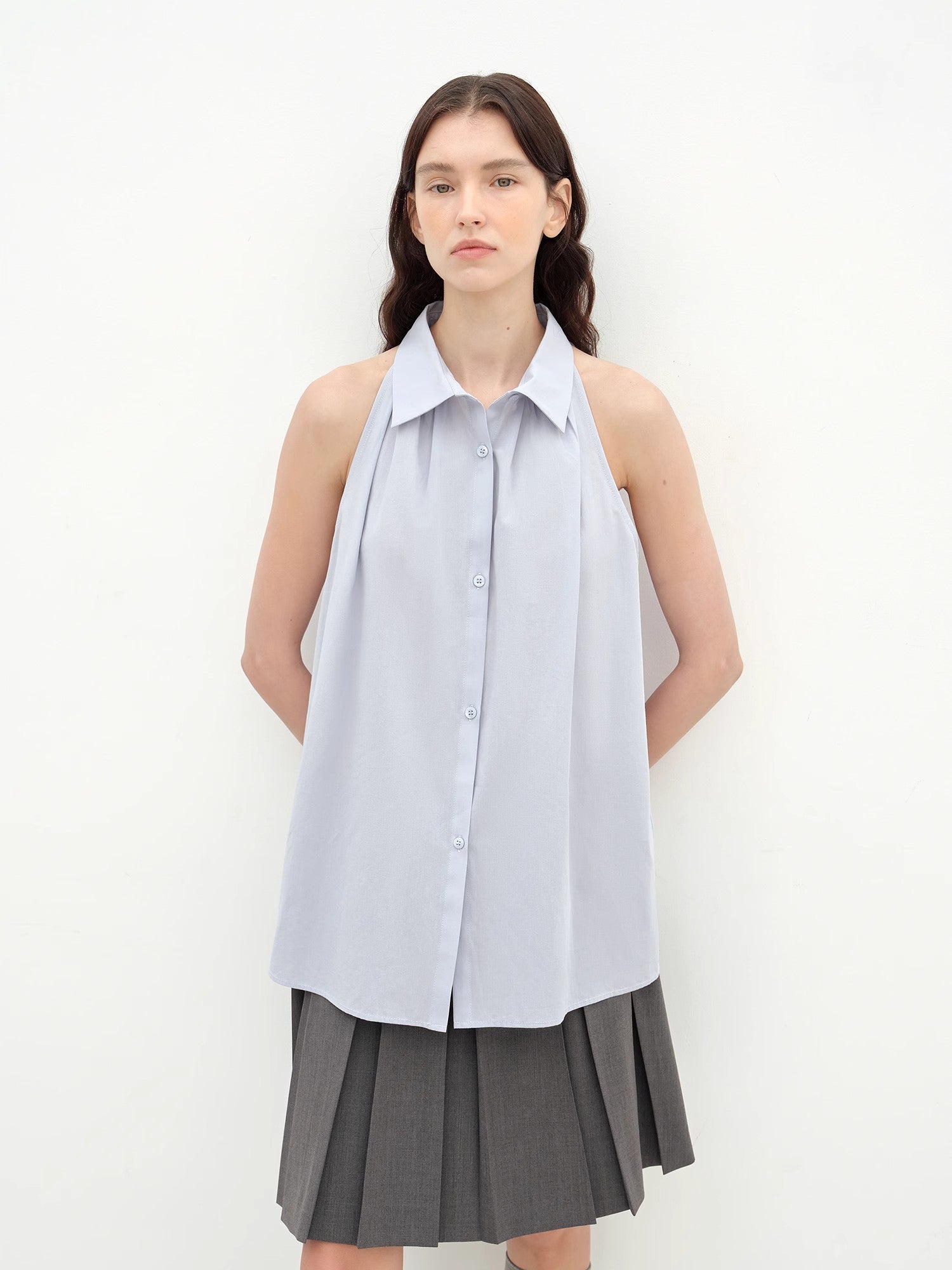 "Poland Island" imported pure cotton stand-up collar sleeveless striped shirt temperament top for women