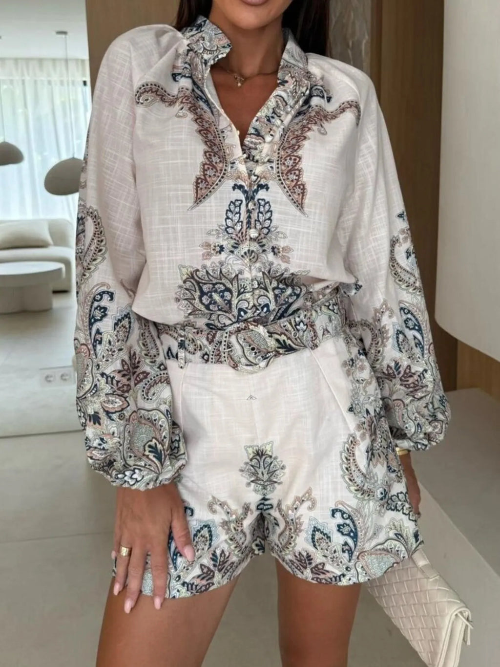 Printed Long Sleeve Shirt and Shorts Set-1
