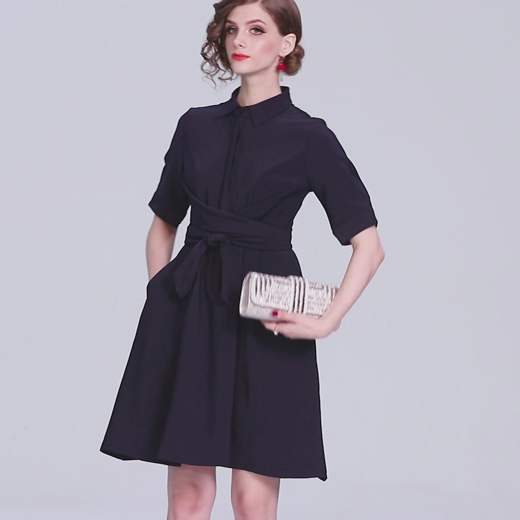 Classic Navy Blue Belted Shirt Dress-4