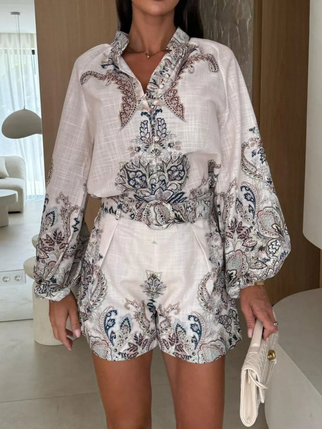 Printed Long Sleeve Shirt and Shorts Set-3