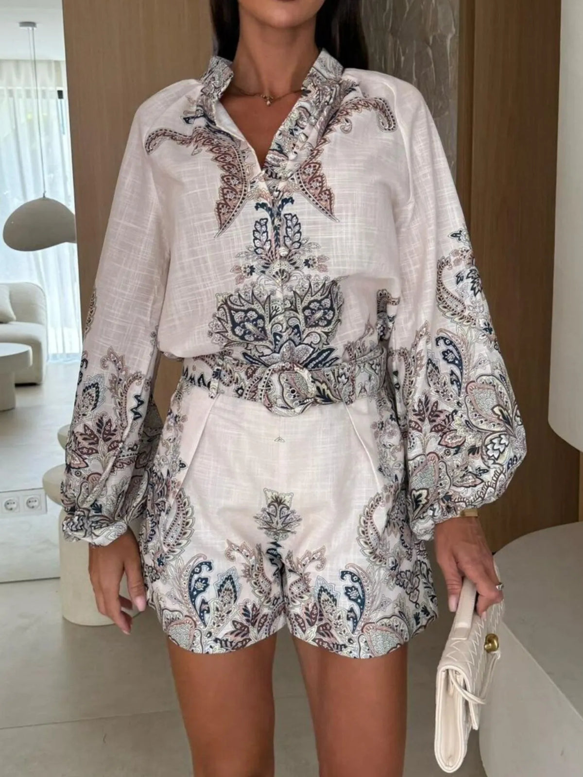 Printed Long Sleeve Shirt and Shorts Set-3