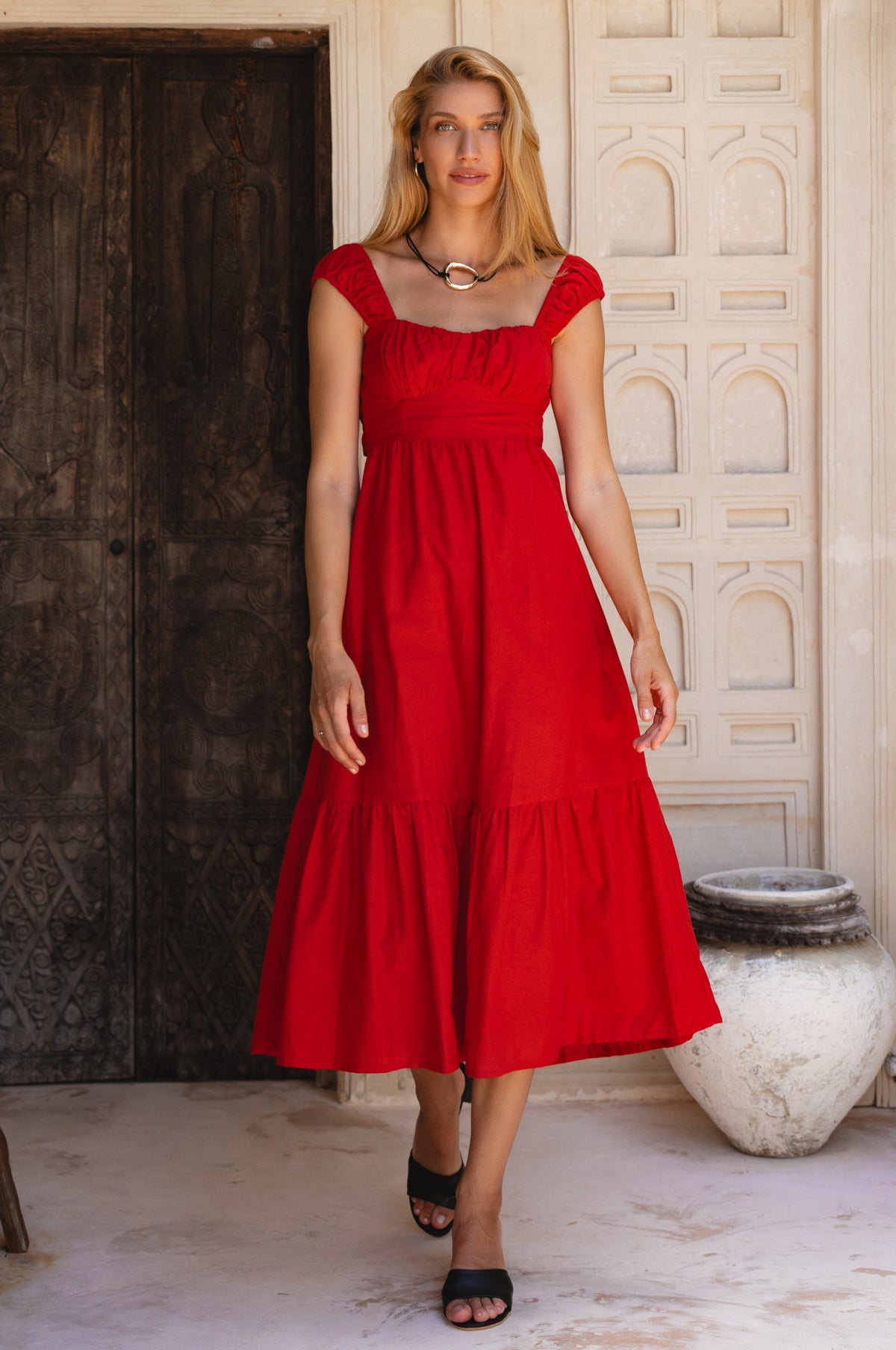 Augusta Midi Linen Dress in red | Salize