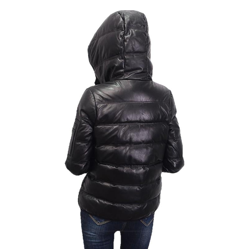 Contra Black Genuine Hooded Womens Leather Puffer Jacket-2