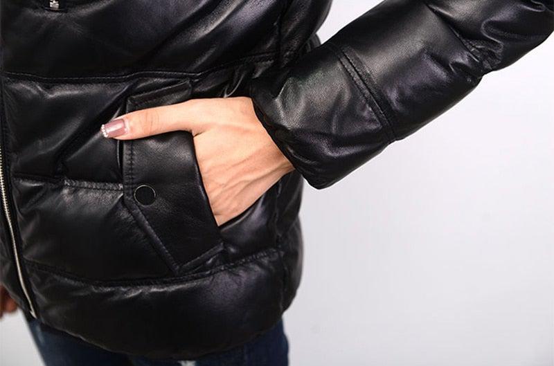 Contra Black Genuine Hooded Womens Leather Puffer Jacket-3