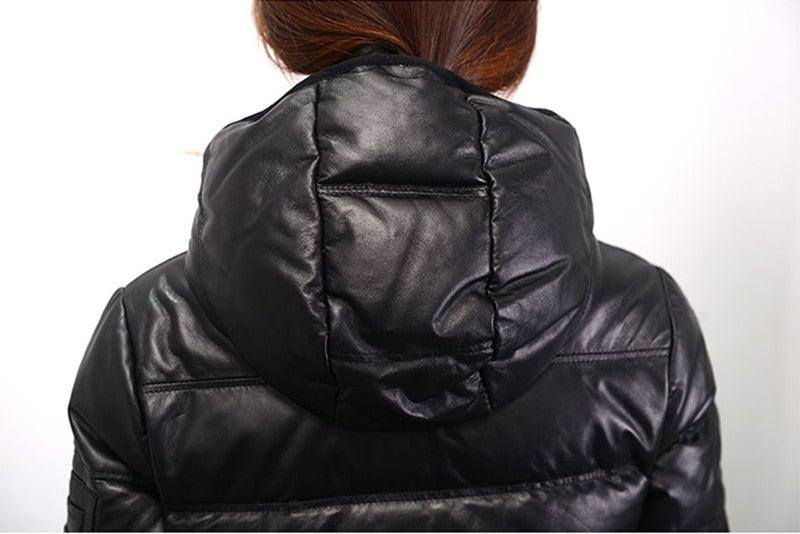 Contra Black Genuine Hooded Womens Leather Puffer Jacket-4