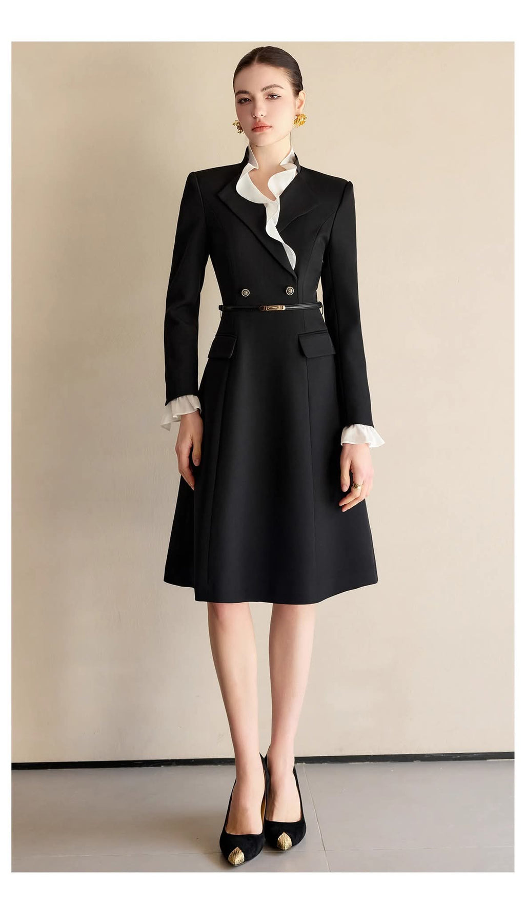 The Contrast-Ruffle Black Dress-2