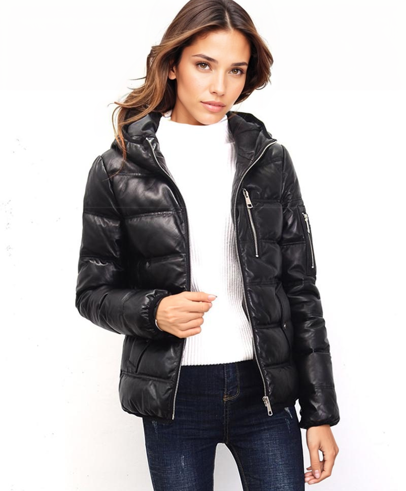 Contra Black Genuine Hooded Womens Leather Puffer Jacket-0