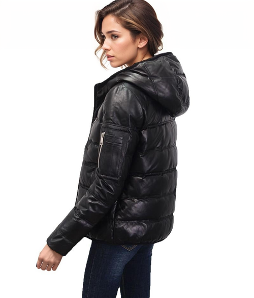 Contra Black Genuine Hooded Womens Leather Puffer Jacket-1