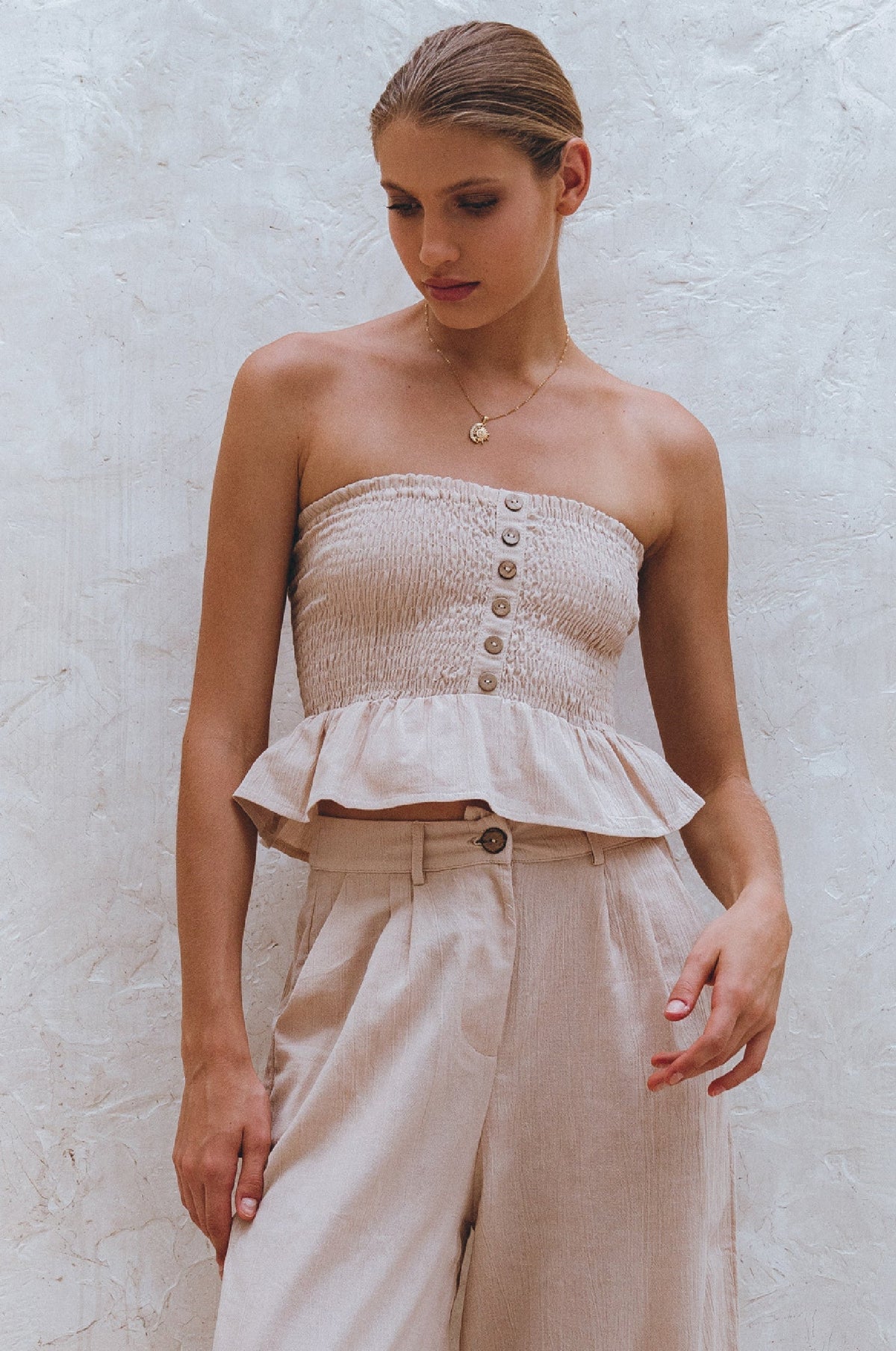 Laura Smocked Linen Top in beige | Salize