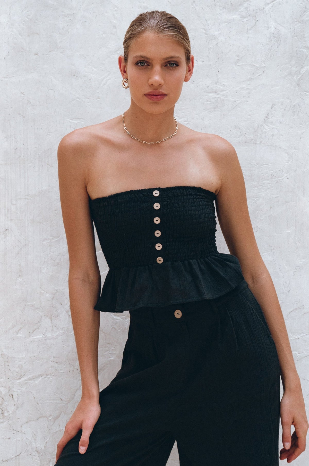 Laura Smocked Linen Top in black | Salize