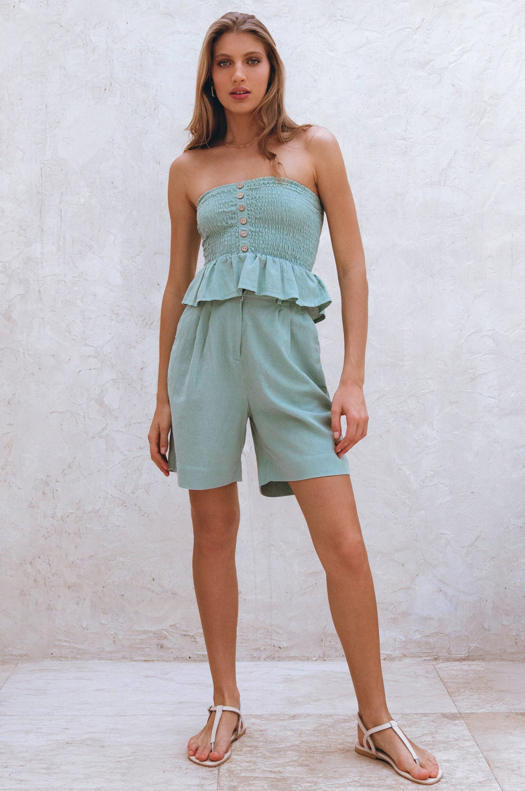 Laura Smocked Linen Top in sage – view 4 | Salize