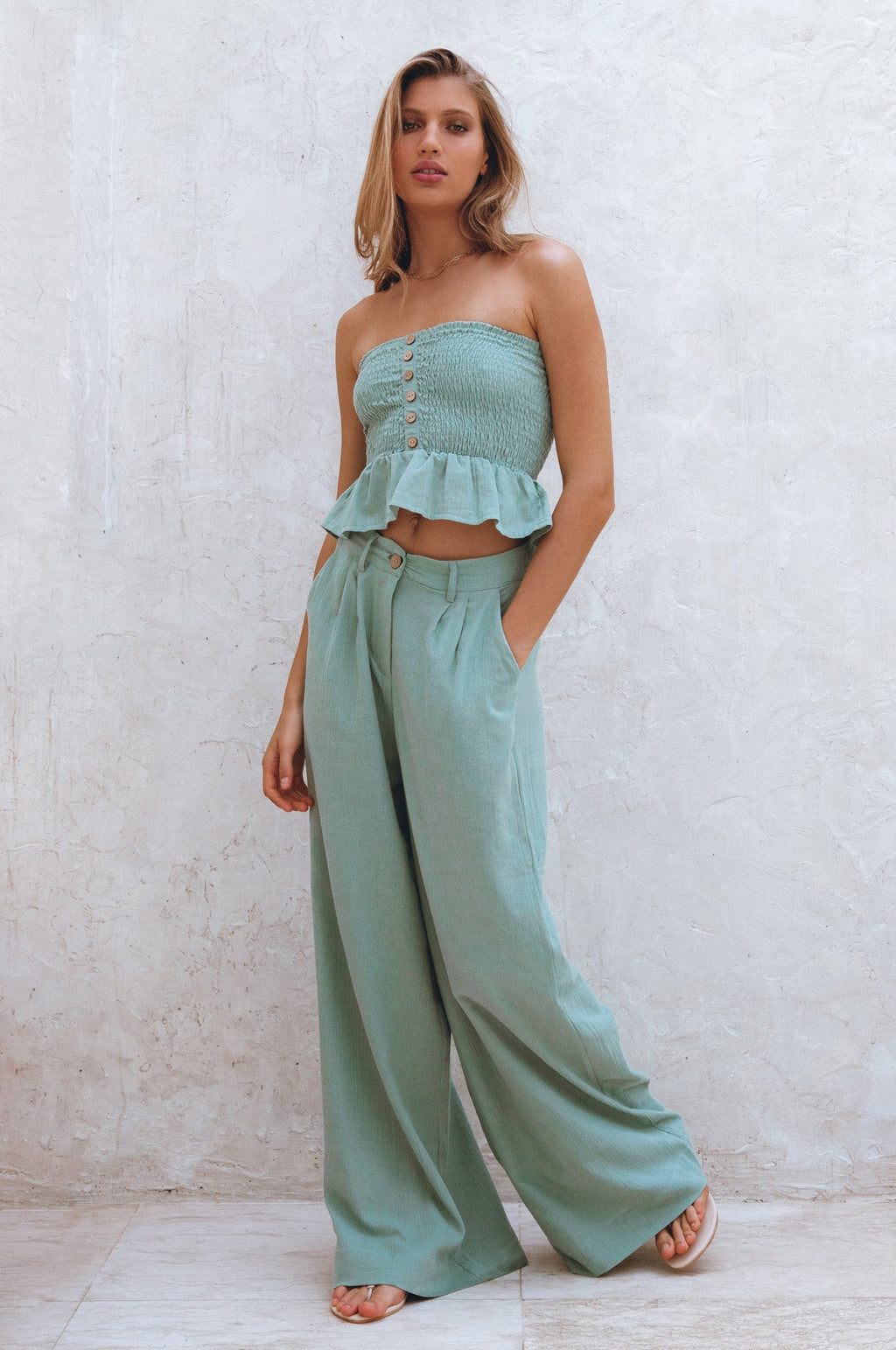 Laura Smocked Linen Top in sage – view 3 | Salize