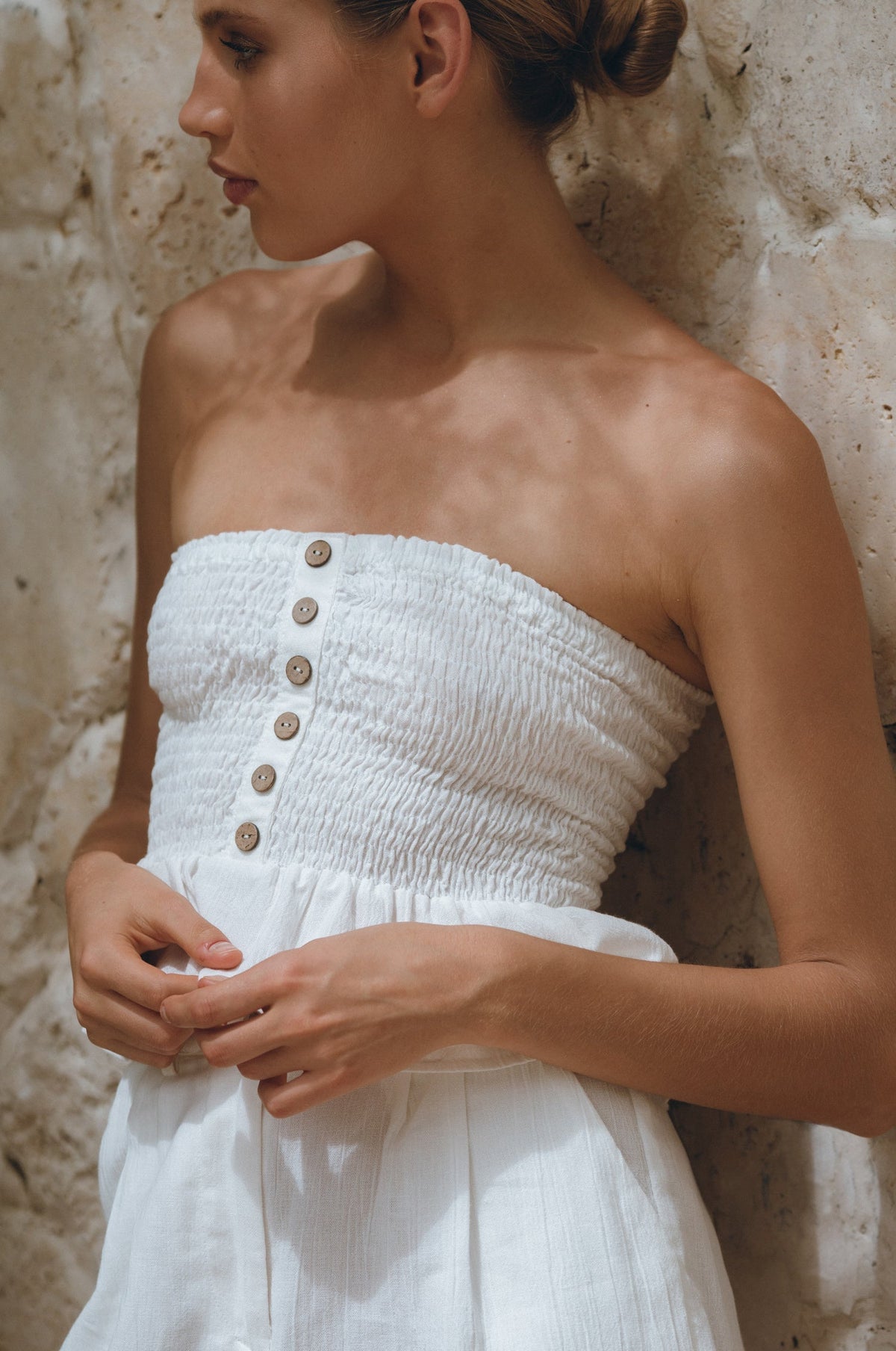 Laura Smocked Linen Top in white | Salize