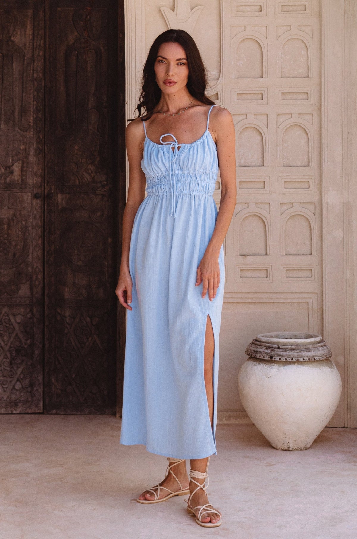 Eleanore Linen Midi Dress in ciel blue | Salize