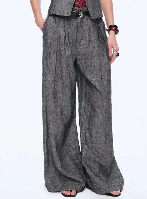 Denim grey linen pleated wide-leg trousers