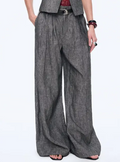 Denim grey linen pleated wide-leg trousers