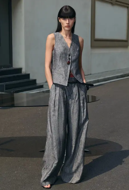Denim grey linen pleated wide-leg trousers – view 2