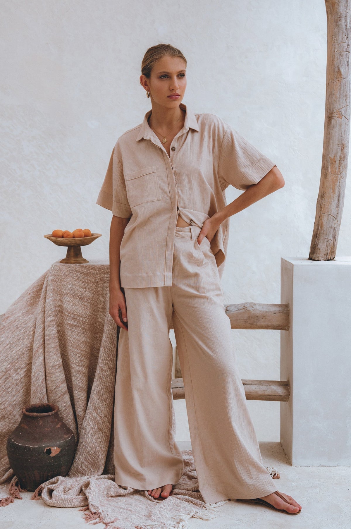 Raya Wide Leg Linen Pants in beige | Salize