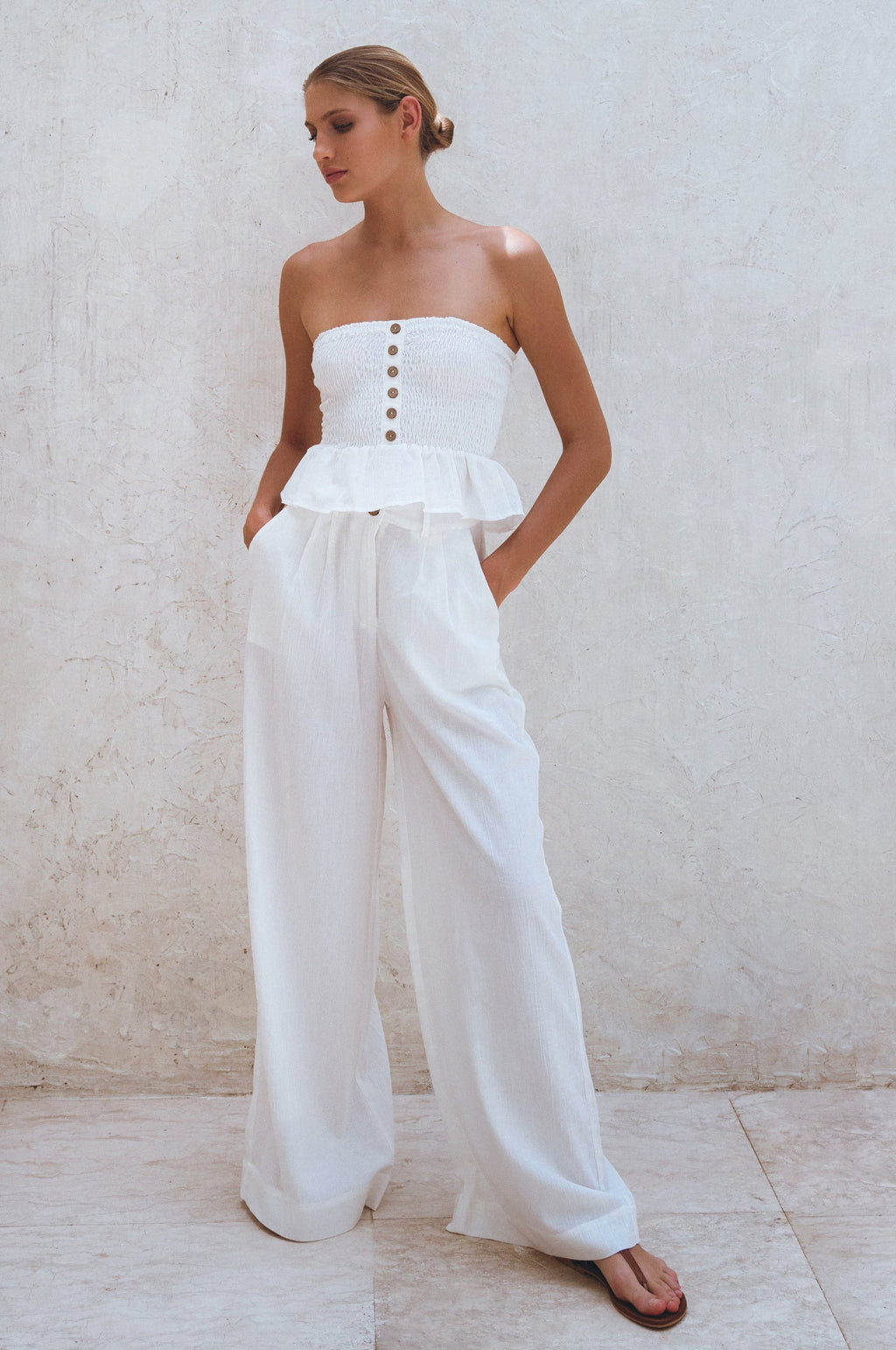 Raya Wide Leg Linen Pants in white | Salize