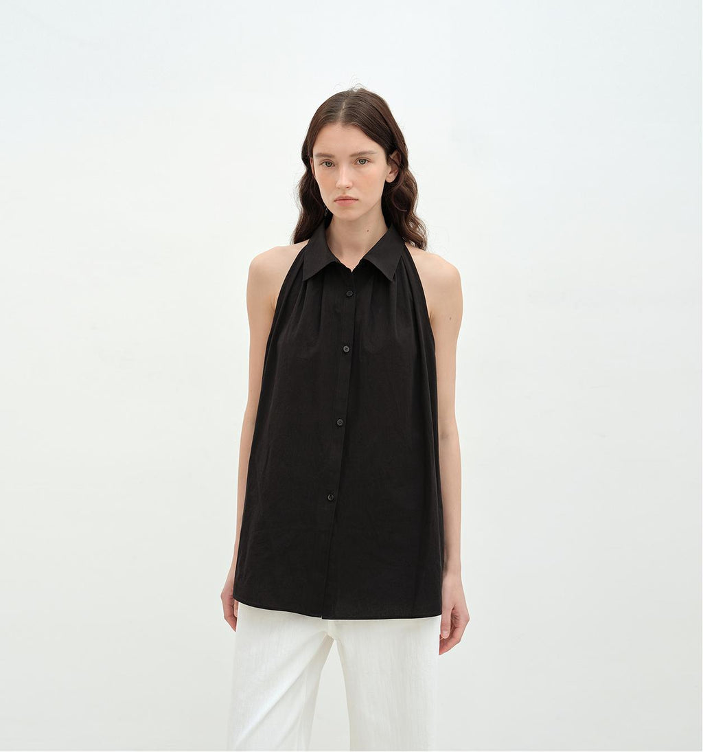 "Poland Island" imported pure cotton stand-up collar sleeveless striped shirt temperament top for women
