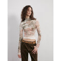 Camiseta de manga larga de terciopelo con estampado difuminado "Warm Sugar Latte" y cuello medio alto para mujer