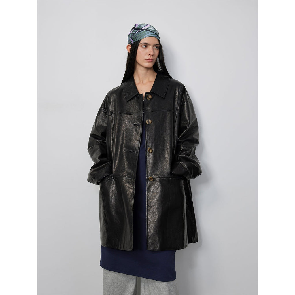 Notting Hill Diary Limited Edition Waxed Goat Leather/Retro Casual Lapel Mid-Length Leather Jacket-5