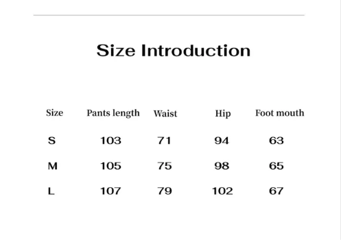 Size chart – S, M and L measurements in cm