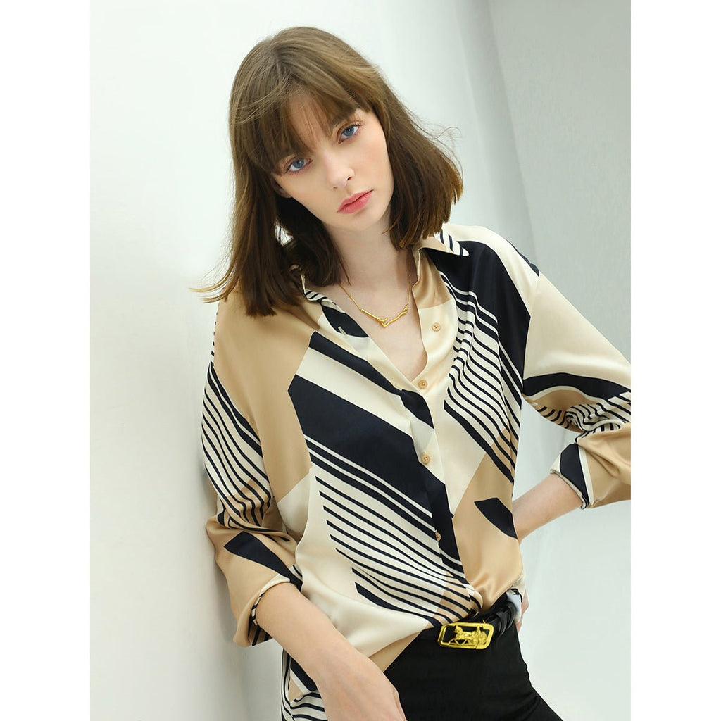 Abstract Geometric Print Silk Khaki Shirt-0