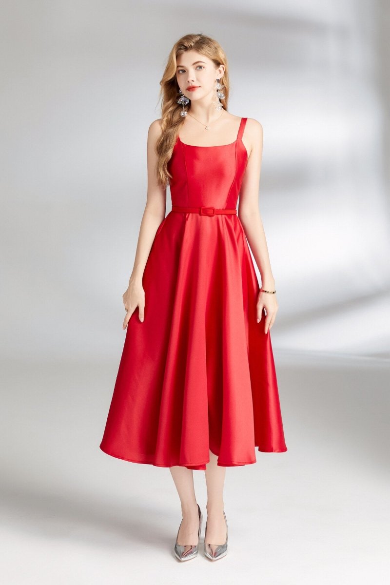 Belted Satin Spaghetti Strap Flare Midi Dress – view 5 | Salize