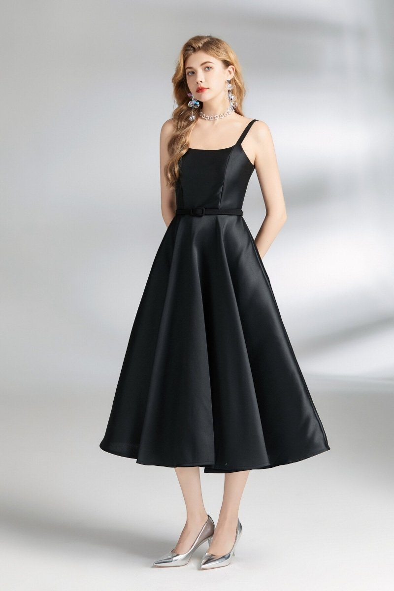 Belted Satin Spaghetti Strap Flare Midi Dress – view 2 | Salize