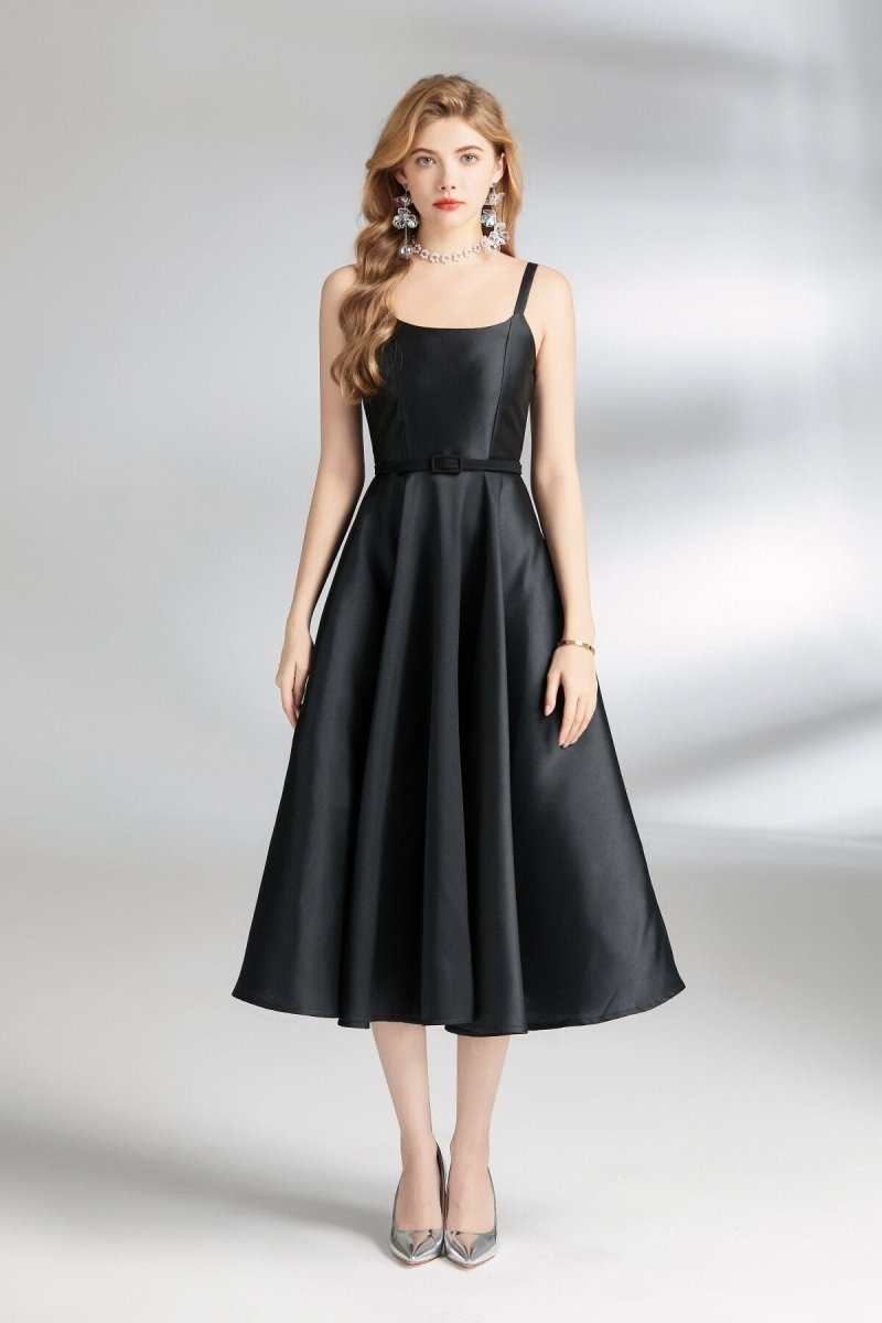 Belted Satin Spaghetti Strap Flare Midi Dress | Salize
