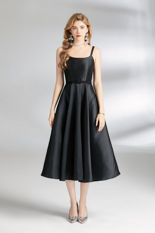 Belted Satin Spaghetti Strap Flare Midi Dress | Salize