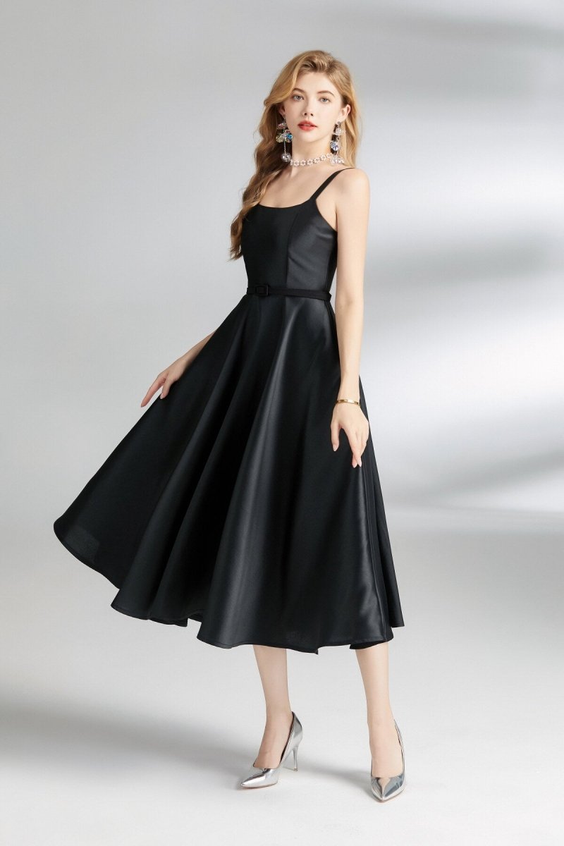 Belted Satin Spaghetti Strap Flare Midi Dress – view 3 | Salize