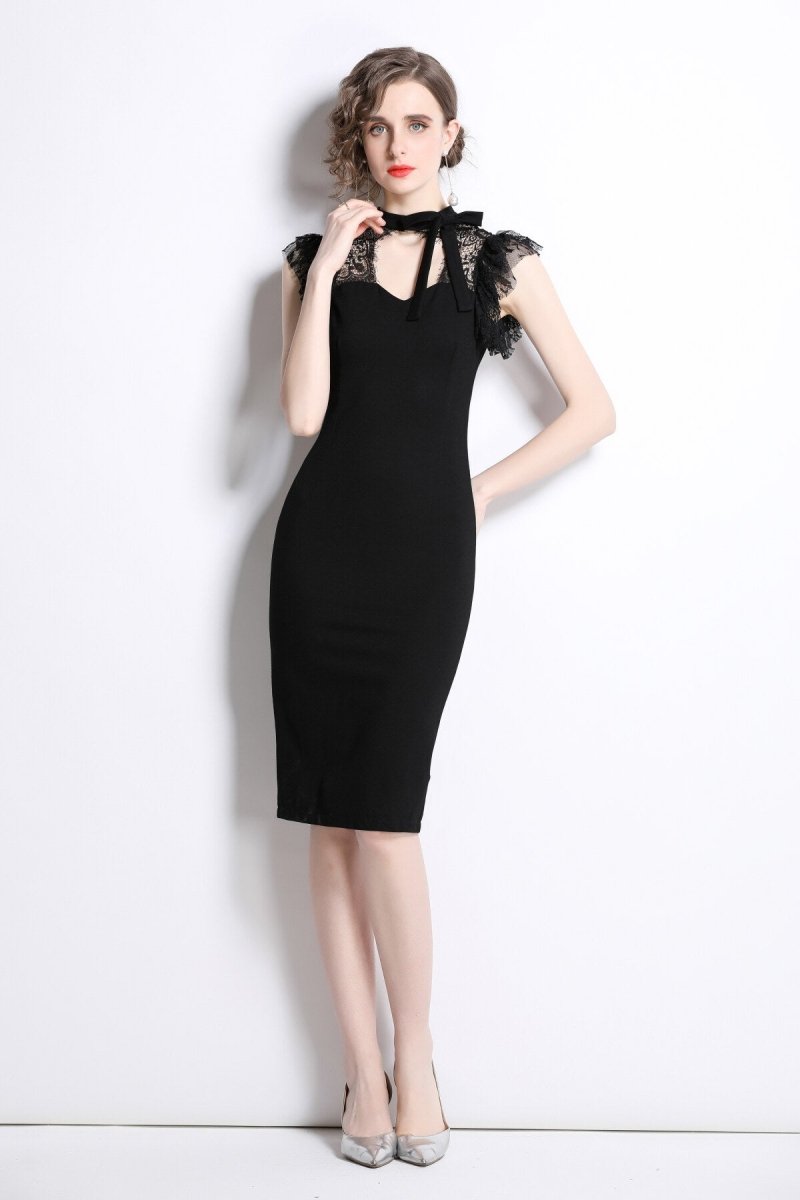 High-Neck Black Lace Bodycon Dress | Salize