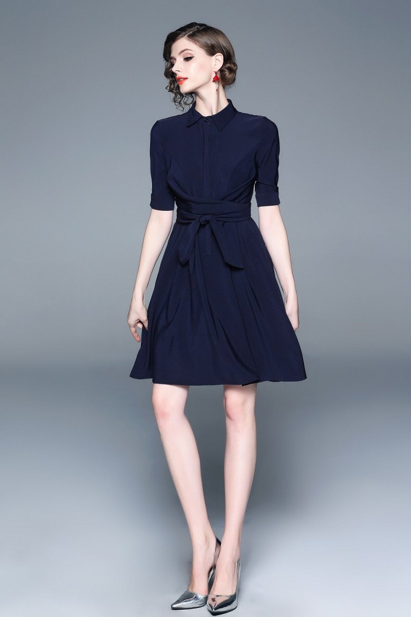 Classic Navy Blue Belted Shirt Dress