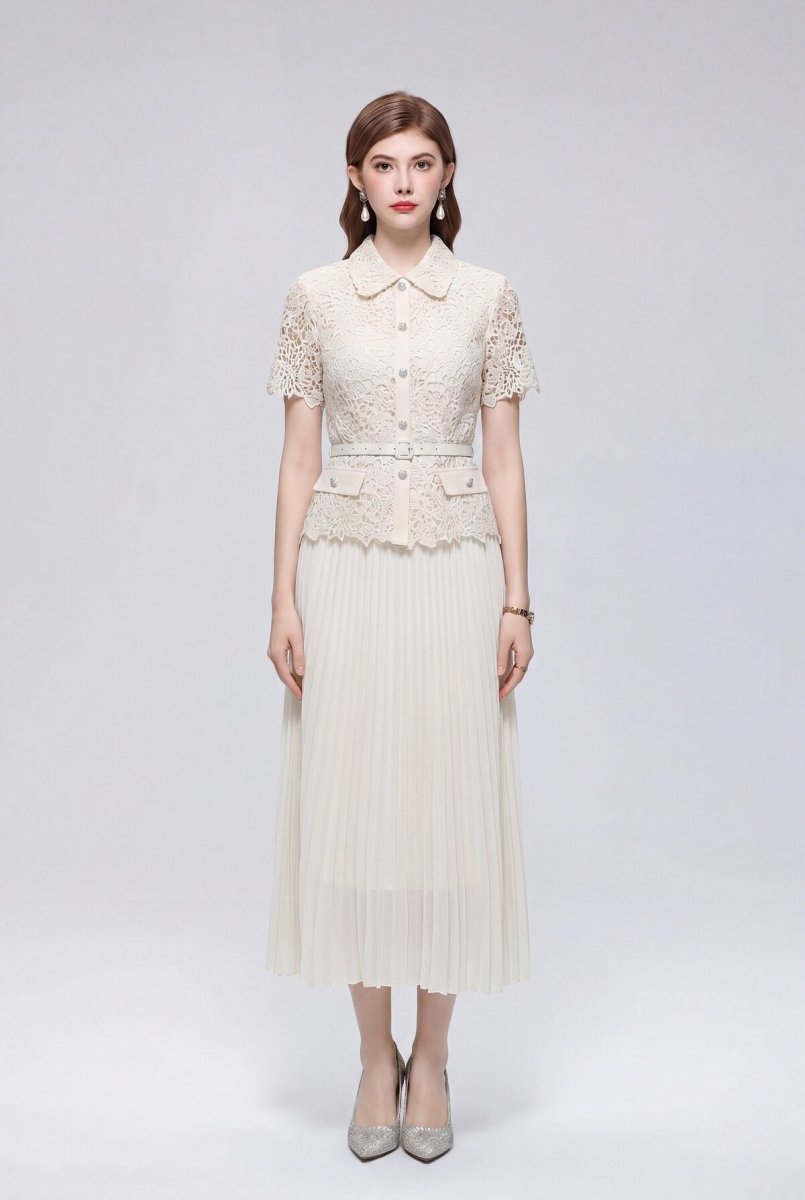 Collared Lace Peplum Midi Dress with Pearl Buttons and Pleated Skirt-0
