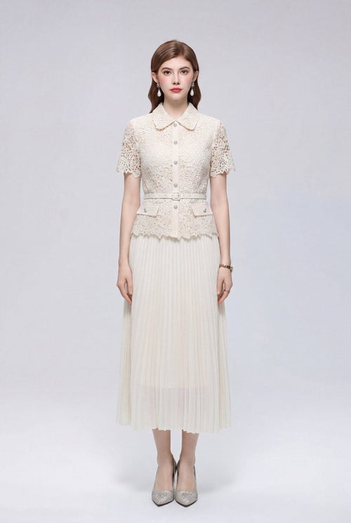 Collared Lace Peplum Midi Dress with Pearl Buttons and Pleated Skirt-0